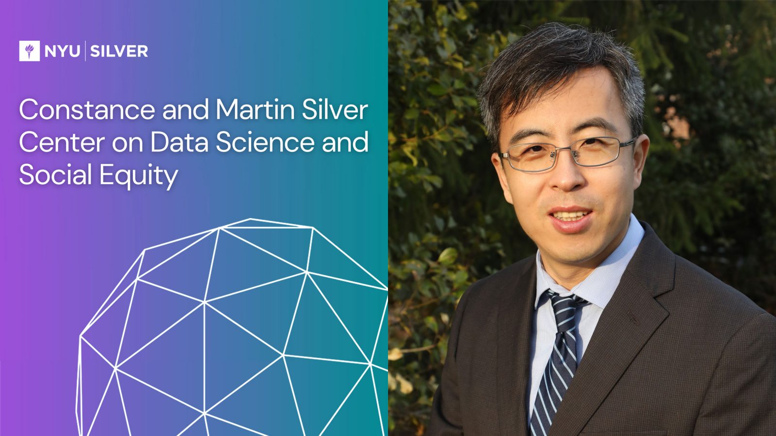 NYU Silver Constance and Martin Silver Center on Data Science and Social Equity logo next to Dr. Ruopeng An's headshot.