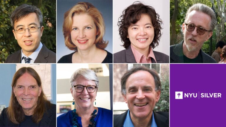 Grid of faculty headshots, clockwise from top left with the NYU Silver logo on a violet background in the bottom right corner: Ruopeng An, Marylene Cloitre, Wen-Jui Han, Gary Holden, Jerome Wakefield, Deborah Padgett, and James Jaccard.